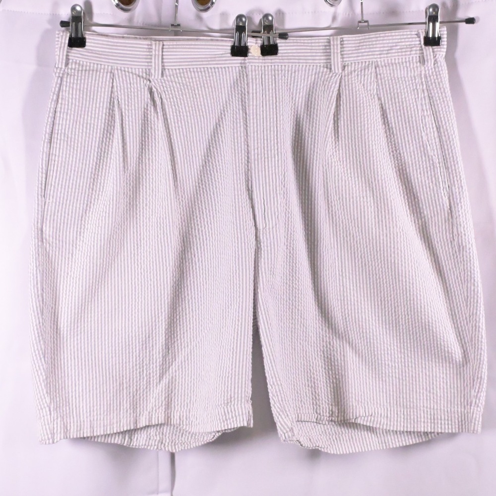 VTG Jos A Bank‎ Pleated Seersucker High Rise Shorts Men 42 Gray White Stripe
